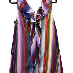 BCBGMaxAzria Colorful Vibrant Mini Shift  Striped Draped Ruffle V-Neck Dress EUC